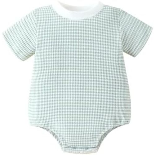 Baby Boy Girl Bubble Romper Newborn Summer Casual Bodysuit Unisex Short Sleeve Stripe Cotton Waffle Infant Outfit