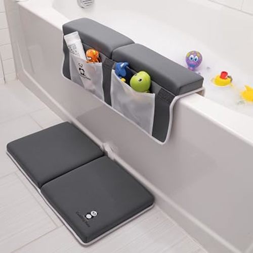Bath Kneeler & Elbow Rest Pad Set, Non-Slip with Storage Pockets, Gray