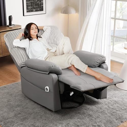 GRAINELL Swivel Rocker Recliner Chair with Massage and Heat, USB Charging Port, Infinite Position Power Recliner, Electric Glider Rocking Chairs for Living Room, Nursery (Grey)