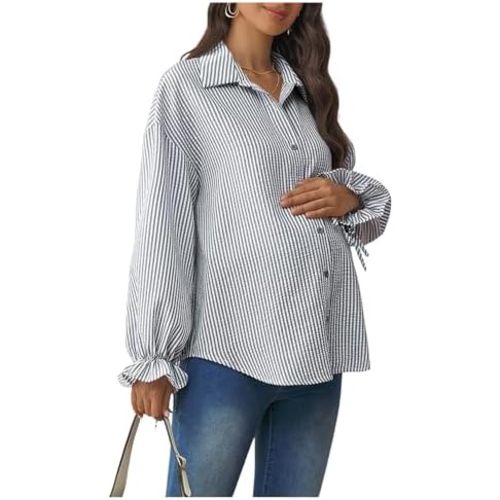 MakeMeChic Women's Maternity Blouse Spring Striped Long Sleeve Pregnancy Button Down Shirts