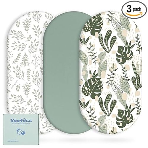 Yoofoss Bassinet Sheets for Baby,3-Pack Fitted Bassinet Sheets Set Compatible with Halo Bassinest Swivel Sleeper,Baby Delight,Angelbliss,Soft Breathable Bassinet Mattress Sheets(Green+Leaf)