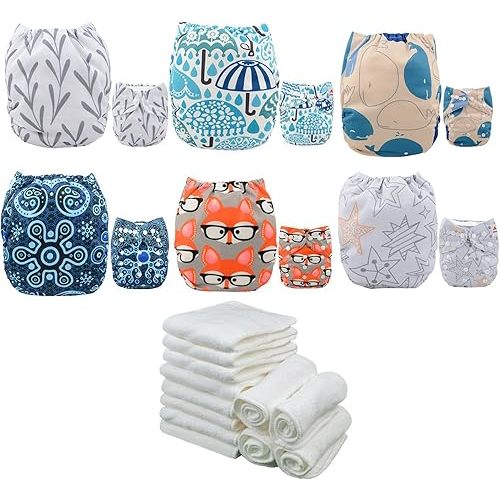 ALVABABY Baby Cloth Diaper 6 Pack Nappies With 12 Microfiber Inserts Reusable Washable Adjustable Diaper Cover Infant Toddler Boys Girls