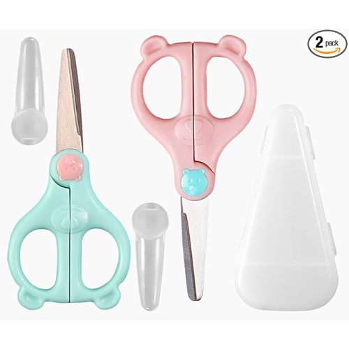 Baby Food Scissors Kicthen Shears,Kids Scissors Stainless Steel Scissors with Travel Storage Case - Ideal for Cutting Meat, Chicken, Vegetables, and Fruits(2Pack)