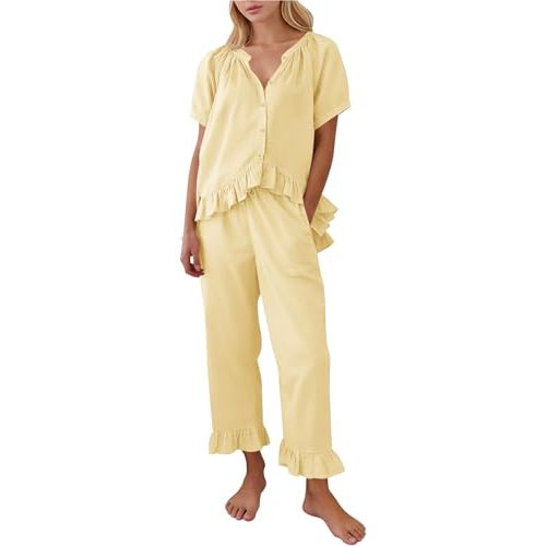 COZYPOIN Womens Cotton Pajamas Set Cute Ruffle Pjs | 2 Piece, Solid Color, Button Down, Puff Sleeve, Elastic Waistband Drawstring, Ruffle Pant, Lounge Sets, Bridesmaid, Maternity