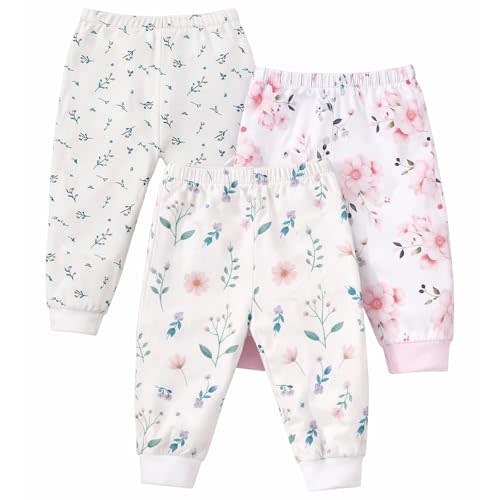 Baby Jogger Pants with Elastic Cuffs – Stay-On Lightweight Toddler Joggers, Soft & Stretchy Baby Pants, 3-Pack