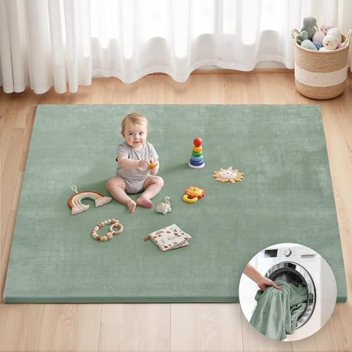 Blissful Diary 1.3" Thick Baby Play Mat, 71x59 Playpen Mat with Removable & Washable Cover, Ultra Soft Crawling Rug for Floor, Foam Cushion & Non-Slip Backing for Kid, Toddler and Infant, Sage Green