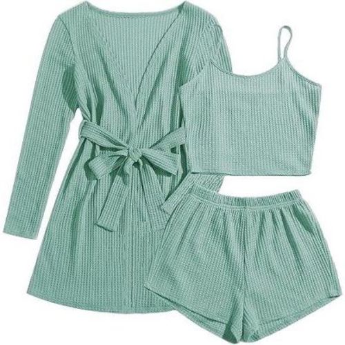 Ekouaer Pajamas for Women Set 3 Piece Lounge Set Soft Pajama Sets Waffle Knit Tank Top and Shorts Cardigan with Pockets Grey Green L