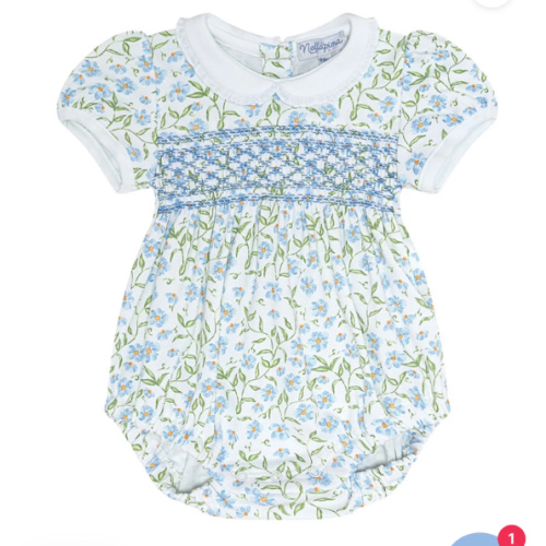 Blue Vines Print Smocked Bubble