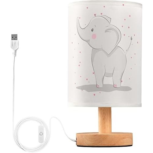 YYZZH Table Lamp Cute Elephant Baby with Love Heart Valentines Day White Nightstand Lamp with Wood Base Fabric Lamp Shade Bedside Desk Lamp for Living Room Bedroom Kids Room Office