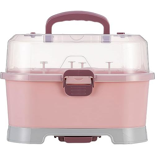 Baby Bottle Drying Rack Storage, Large Nursing Bottle Storage Box Organizer with Cover, Portable Kitchen Cabinet Organizer, Easy to Clean Drainer, Durable countertop Dryer Pink