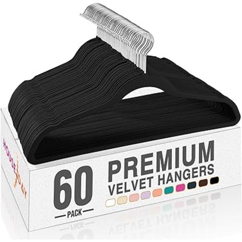 HOUSE DAY Black Velvet Hangers 60 Pack, Non Slip Clothes Felt Hanger Heavy Duty for Coat, Premium Slim Space Saving Suit Hangers for Closet Organizer, 360° Rotating Silver Hook