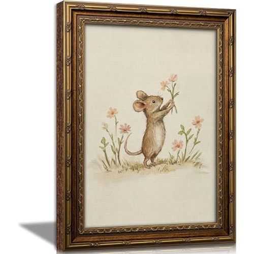 Vintage Gold Framed Nursery Mouse Wall Art, Whimsical Mouse Canvas Print