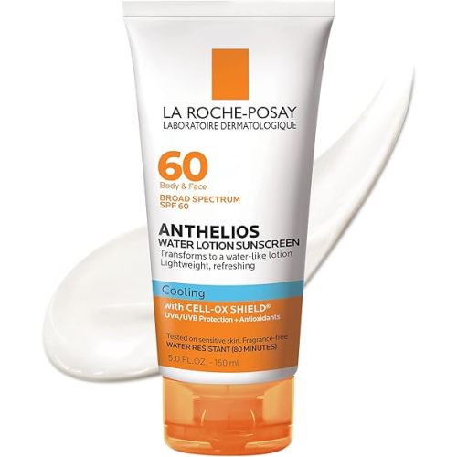 La Roche-Posay Anthelios Cooling Water Sunscreen Lotion for Face & Body, Broad Spectrum SPF + Antioxidants, Fast Absorbing Water-Like Texture, Oil Free Sunscreen, SPF 60, SPF 30