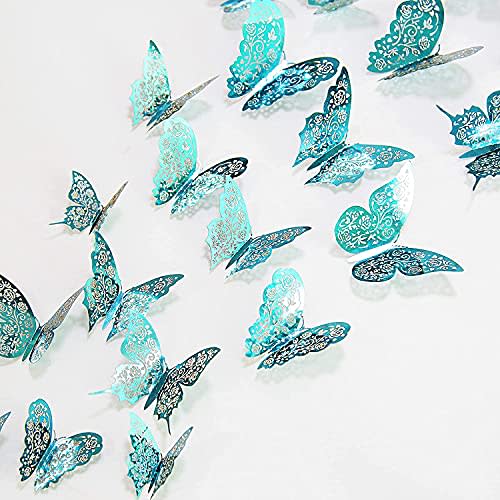 Cheerland Butterfly Wall Decor 3D Teal Room Stickers Removable Turquoise Butterflies Decals Mural Decorations for Girl Bedroom Home Cake Wedding Baby Shower Birthday Tea Party Celebrations 48pcs