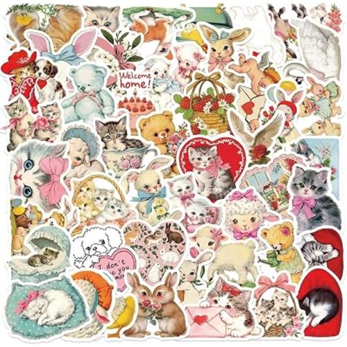 50-Piece Cute Vintage Watercolor Animals Sticker – Retro Spring Pink Aesthetic Easter Stickers with Bunnies, Kittens, Lambs, Ducks, Bears for Scrapbooking, Journaling, Laptops, Water Bottles