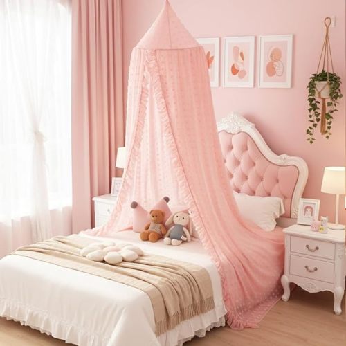Mengesi Bed Canopy with Pom Pom- Lace Chiffon Canopy Bed Curtains, Ruffles Princess Reading Nook Play Tent for Girls Room (Beige Pink)