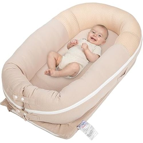 JollyBoo® Deluxe Infant Lounger Pillow - Baby Lounger 0-24 Months | Bamboo-Cotton Portable Baby Nest | Soft, Breathable Mesh for Cool, Safe Rest (Beige, No Sunshade)