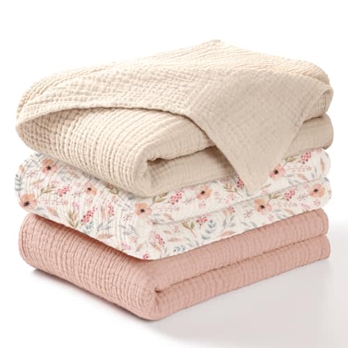 lulumoon Muslin Swaddle Blankets for Baby: Lightweight & Breathable Receiving Blankets for Hospital - Neutral Registry Gift for Newborn 3pack (WhitePinkFlower)