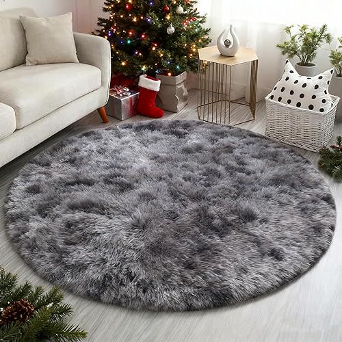 Calore Fluffy Round Area Rug for Living Room, Round Rugs for Kids Room Baby Nursery, Christmas Carpet for Dorm Teen's Room-Home Decor Shaggy Plush Throw Rug (Black Grey, 160cm(5'3"))