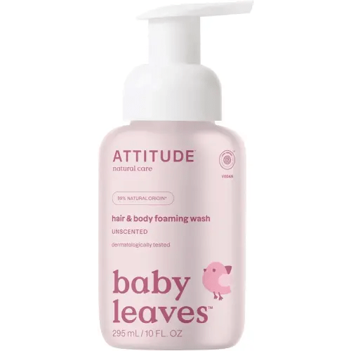 ATTITUDE 2-in-1 Hair and Body Foaming Baby Wash, EWG Verified Shampoo Soap, Dermatologically Tested, Made with Naturally Derived Ingredients, Vegan, Unscented, 10 Fl Oz