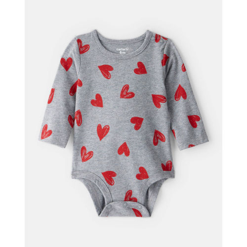 Baby Girl Heart Print Long-Sleeve Graphic Bodysuit - Grey - Carter's | Carter's