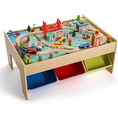 SainSmart Jr. Wooden Train Table – Kids Play Table with Built‑in Storage & Wooden Train Set | Toddler Activity Table Set for Ages 3+, Compatible with Major Wooden Train Brands