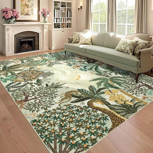 GarveeHome 6x9 Area Rug Jungle Green Washable Rugs for Living Room Bedroom, Soft Low Pile Non Slip Accent Floor Mat Animal Print Tiger Throw Rug Indoor Carpet Dining Room Playroom