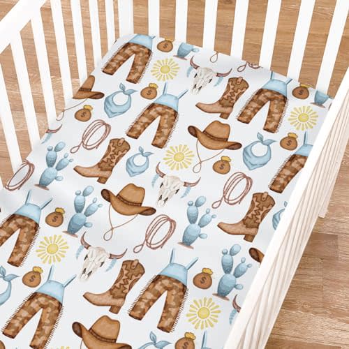 Blue Western Cowgirl Cowboy Fitted Baby Crib Sheet for Boy Girl 52"x28" Desert Cowboy Hat Boot Sun Cactus Soft Breathable Baby Crib Mattress Bed Sheet Fits Standard Crib and Toddler Mattress