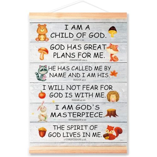 I am a Child of God Poster Hanger Frame Wall Decor for Nuresy Classroom,Woodland Animal Theme Bible Verse Canvas Wall Art Poster Print Wall Hanging 16x12in
