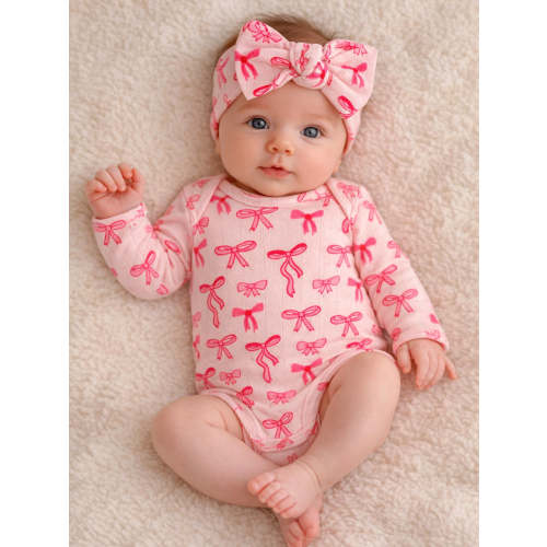 Pink Bows / Organic Pointelle Long Sleeve Bodysuit