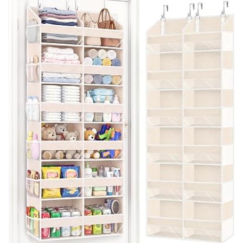 Ofiray-home Over the Door Organizer 6 Tiers, Extra Large Behind Door Storage of 12 Compartments,80 lbs Weight Capacity Hanging Storage Organizer with Clear Window Kids Toys, Shoes, Diapers,Beige