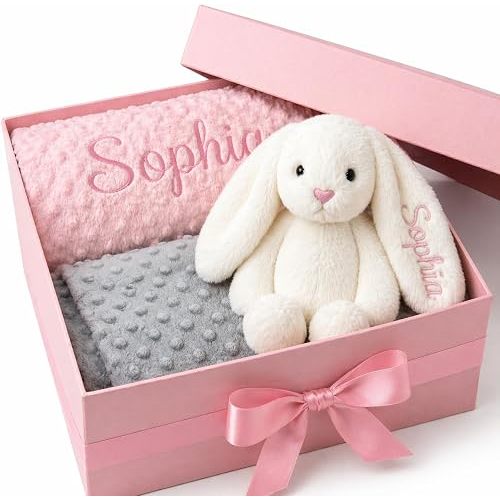 KAINSY Personalized Baby Blanket & Plush Bunny Set, Custom Baby Blanket Embroidered with Name, Double Layer Dotted Backing Swaddle for Toddler, Baby Shower & New Baby Gift Set for Girls