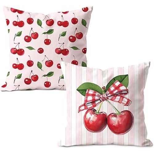 Preppy Pink Cherry Pillow Cover 18x18, Cherry Room Decor, Coquette Plaid Bow Cute Cherries Fruit Decorative Pillow Covers for Girls Bedroom Dorm Apartment Home, Set of 2