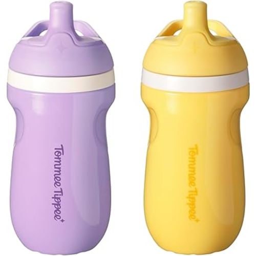 Tommee Tippee Insulated 9oz Sporty Spout Toddler Water Bottle, No Spill, Sippy Cups for Toddlers 1-3, Two-Piece Valve Helps Stop Spills, Yellow & Purple, BPA Free, Pack of 2