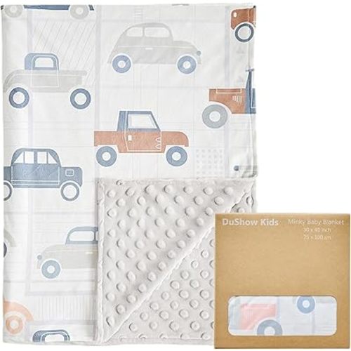 DuShow Cars Baby Blanket for Boys - Ultra Soft Double Layer Minky Blanket with Dotted Backing, Lightweight Receiving Swaddle for Newborns & Toddlers, Nursery, Stroller, Carseat-30x40 Inches
