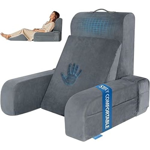 Kayfia Reading Pillow, 10 in 1 Back Pillow for Bed Sitting up with Detachable Arms Rest, Back Rest with Gel Memory Foam, Reading/Gaming/Working in Bed or Couch 19", Gray
