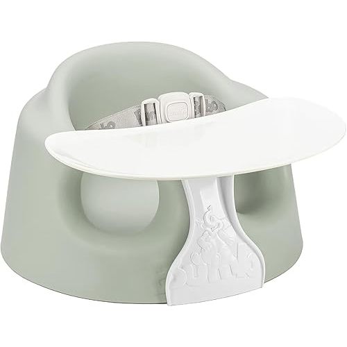 Bumbo Foam Infant Floor Seat PLUS+ with Tray for Babies 3 to 12 Months Old, Agave - Portable Soft Baby Chair with Large Legroom and 3-Point Harness for Feeding and Play