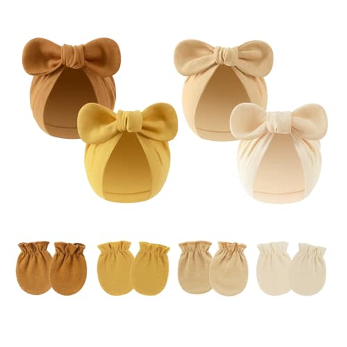 LIDHAY 4PCS Newborn Baby Hospital Hats Beanie Bow Infant Caps Cotton Preemie Hats No Scratch Mittens Set for 0-1 Years Old