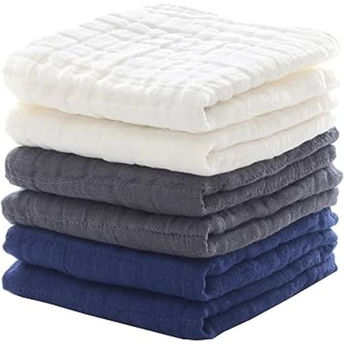 MUKIN Small Baby Washcloths, Soft Face Cloths, Newborn Absorbent Bath Wipes, Burp Cloths or Muslin Cotton Towels, Pack of 6, 12x12 inches (White,Dark Gray,Royal Blue)