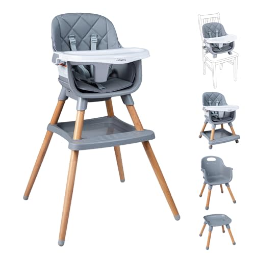BABY JOY 8-in-1 High Chair, Convertible Wooden Highchairs for Babies and Toddlers | Dining Booster Seat | Toddler Stool, Double Removable Tray, 5-Point Safety Harness & Waterproof PU Cushion (Gray)