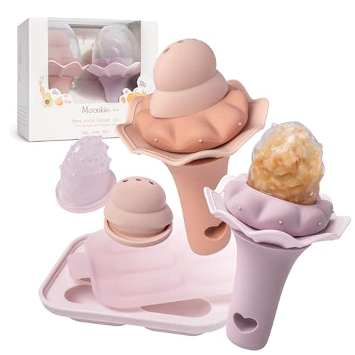 Moonkie Baby Fruit Feeder with Freezer Tray, BPA Free Silicone Food Feeder for Infant Self Feeding, Breastmilk Popsicle Molds, Mesh Feeder with Two Pouches, Baby Shower Gifts 4 Months+, 2 Pack