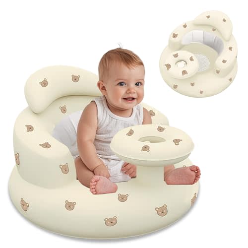 Baby Inflatable Seat for Babies 3 Months and Up, Inflatable Baby Chair with Tray, Toddler Floor Seats for Sitting Up, Blow Up Baby Chair with Back Support-Cute Bear