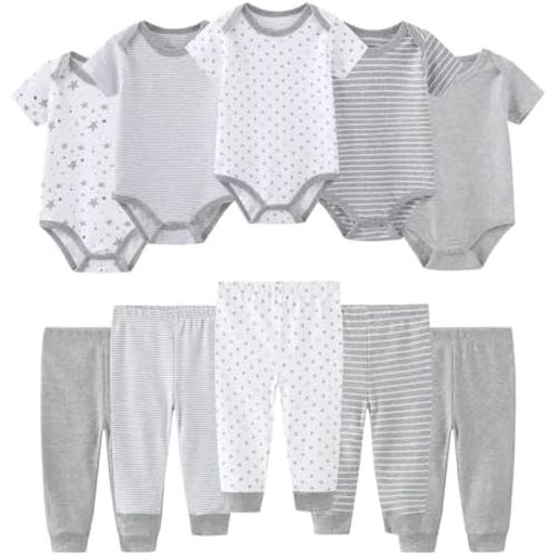 Ruliby Baby Bodysuit and Pant Set 10-pcs Cotton Soft Newborn Clothes Outfit