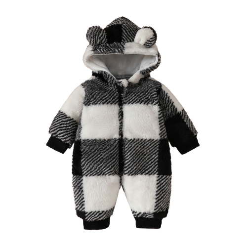 XFHLMJFF Bear Ears Jumpsuit Plaid Color Block Girls Boys Hooded Long Sleeve Romper Winter Snowsuit for 0-18 Months