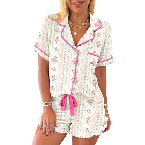 KevaMolly Womens Christmas Lounge Sets Candy Cane Print Pocketed Knotted PJ Set Short Sleeve Xmas Top and Shorts