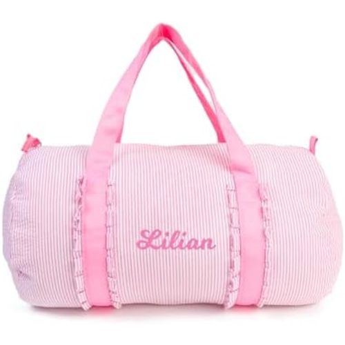 Girl Personalized Seersucker Overnight Duffle Bag - Small Ballet Dance Weekender With Ruffle for Toddler Girls (Pink)