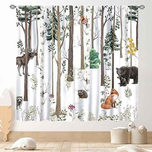 Woodland Nursery Curtains, Rustic Forest Animals Watercolor Wild Safari Animals Bear Fox Deer Lodge Cottage Blackout Window Drape Treaments for Kids Baby Room Bedroom Living Room 2 Panel, 42"x63" Inch