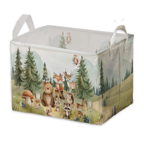 Cute Animals Storage Baskets, Woodland Nursery Decor, Woodland Baby Shower Decorations, Large Squarecanvas Laundry Hamper With A Waterproof PECoating, Foldable Kids Toy Clothes Bins for Bedroom