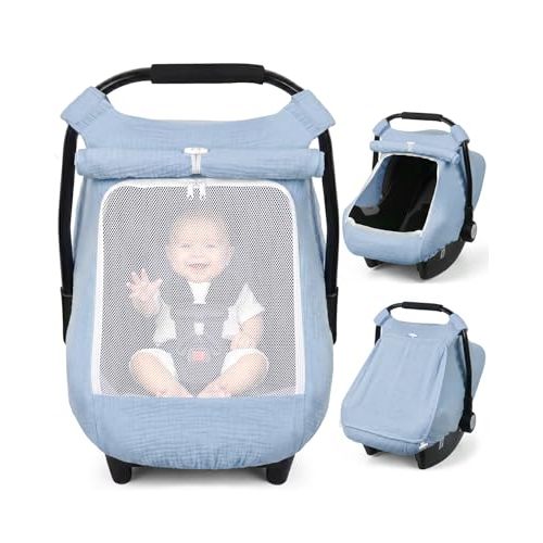 Rquite Muslin Car Seat Cover Baby Boy, Mesh Window Infant Carseat Canopy | Breathable Muslin Cotton, Large Mesh Window, Universal Stroller Sun Shade Windproof Covers for Summer Warm Weather, Blue