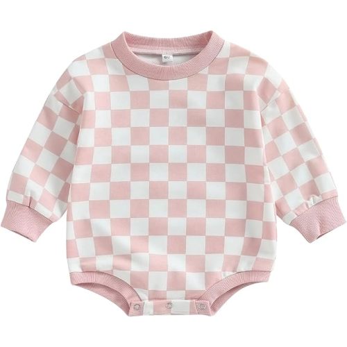 Karuedoo Baby Boy Girl Checkered Sweatshirt Romper Oversized Long Sleeve Bubble Romper Top Neutral Baby Fall Clothes